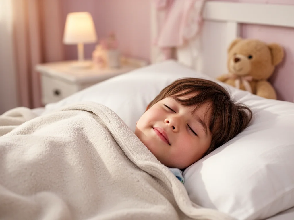 Śpiące spokojnie dziecko na poduszce, symbolizujące nocne zgrzytanie zębami i potrzebę obserwacji snu przez rodziców