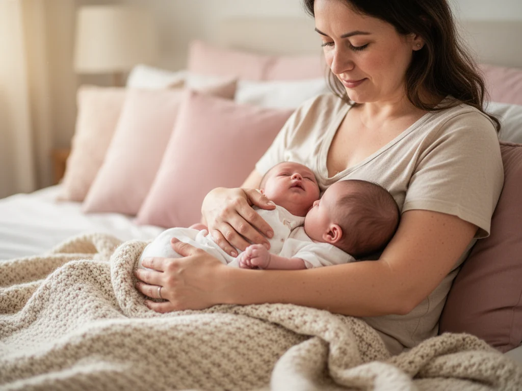 Mama karmi piersią noworodka w wygodnej pozycji na łóżku, pokazując spokojne, bliskie przystawienie dziecka do piersi.
