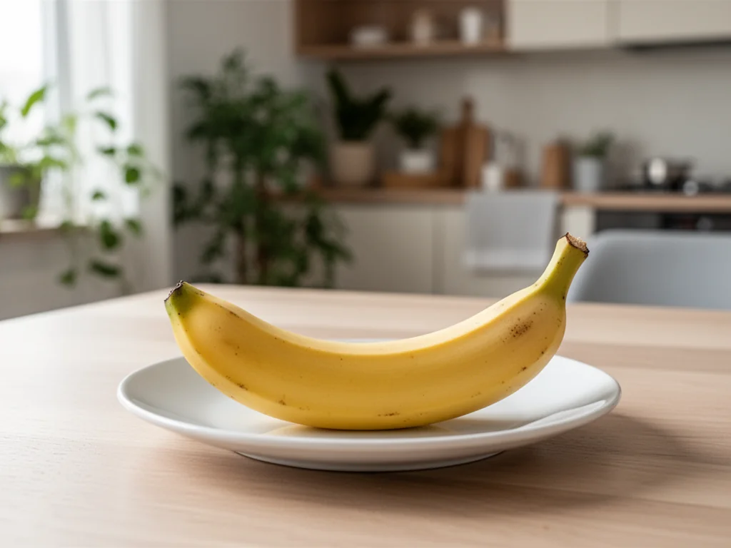 Dojrzały banan na białym talerzu w jasnej, przytulnej kuchni, ilustracja do tekstu o pojęciu „bananowe dziecko”.