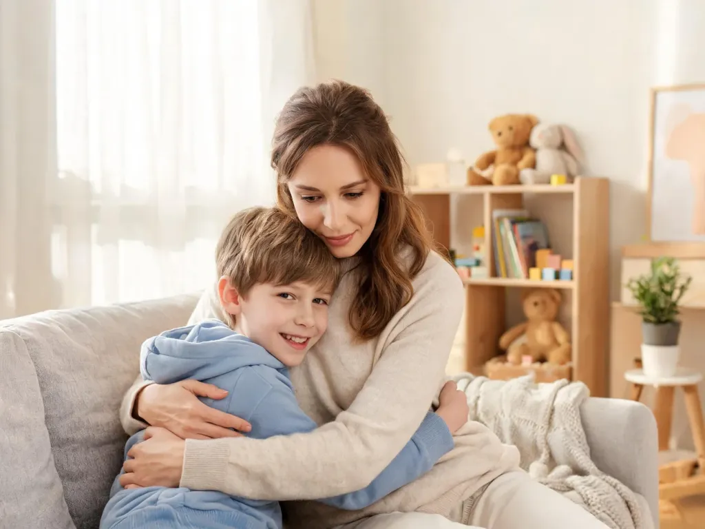 Mama czule obejmuje uśmiechnięte dziecko w przytulnym salonie, podkreślając bliskość i wysokie oczekiwania wobec „złotego dziecka”.