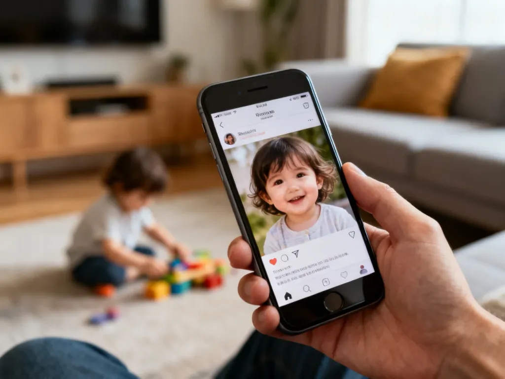 Rodzic przegląda w telefonie zdjęcie dziecka udostępnione w social media, podczas gdy dziecko bawi się nieświadome w tle.