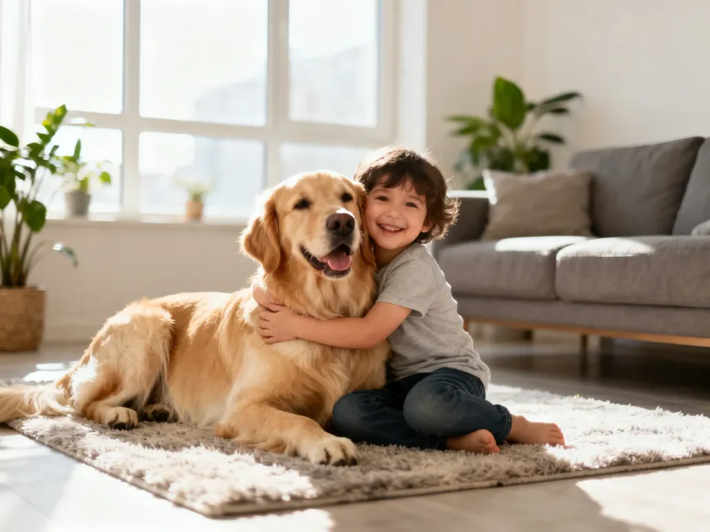 Spokojny Golden Retriever bawi się i przytula z uśmiechniętym dzieckiem w jasnym, przytulnym salonie, pokazując łagodność rasy.
