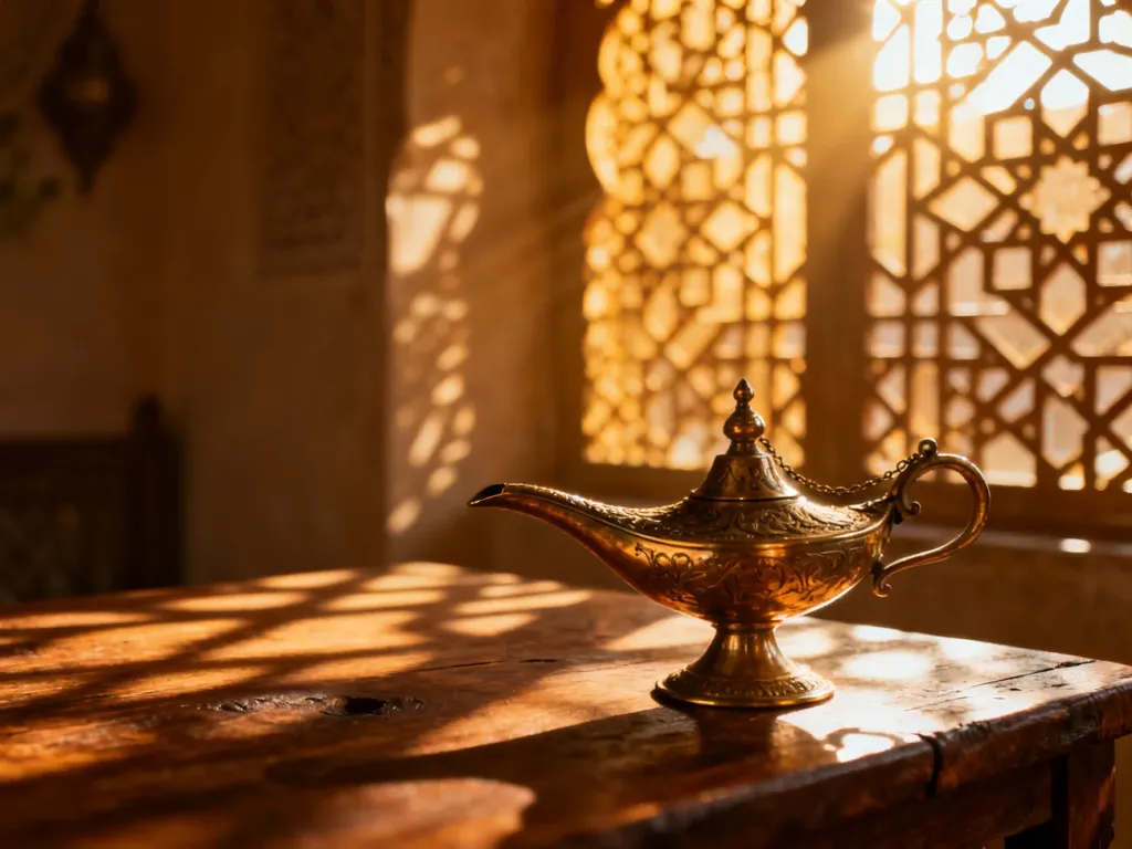 Tradycyjna mosiężna lampa oliwna na drewnianym stole w otoczeniu arabskich wzorów, budująca orientalny klimat.