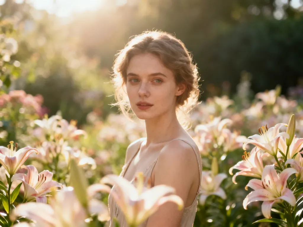 Portret kobiety w ogrodzie pełnym lilii, utrzymany w ciepłej, pełnej spokoju i elegancji stylistyce.