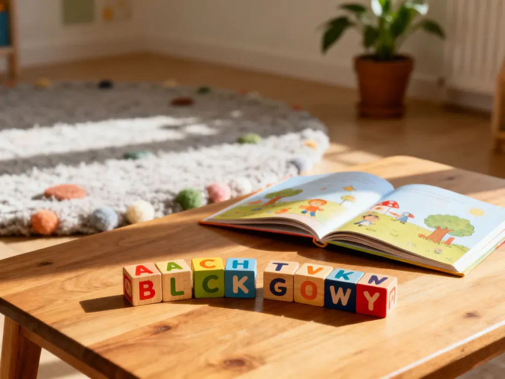 Kolorowe klocki z literami ułożone w sylaby obok otwartej książki dla dzieci na drewnianym stole.
