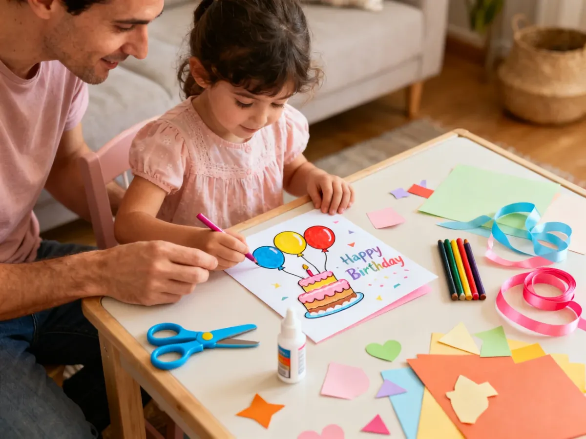 Dziecko i rodzic wspólnie tworzą kolorową kartkę urodzinową