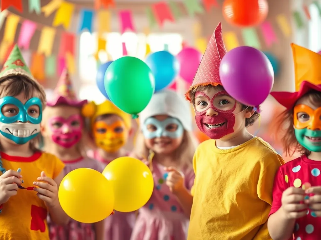 Roześmiane dzieci w prostych strojach karnawałowych z balonami i konfetti na tle kolorowych girland i dekoracji.