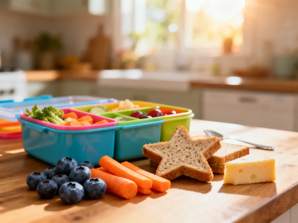Kolorowy lunchbox z pełnoziarnistą kanapką w kształcie gwiazdki, warzywami i owocami, przygotowany jako zdrowe drugie śniadanie.