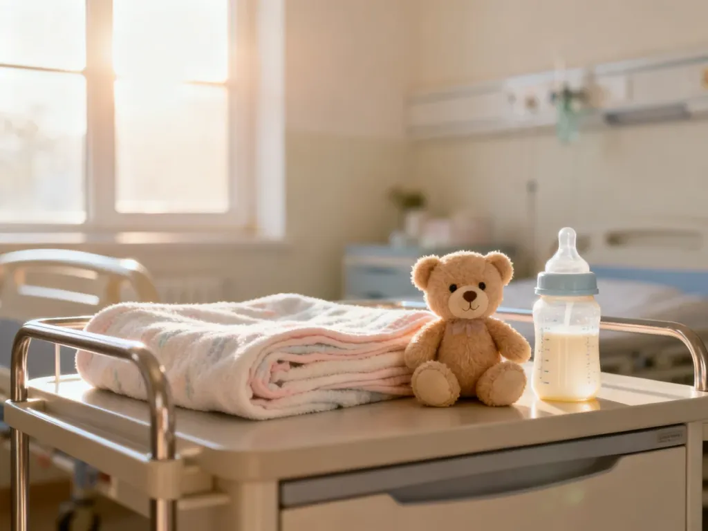 Przytulny zestaw niezbędnych akcesoriów dla niemowlęcia na stoliku przy łóżku w szpitalnej sali.