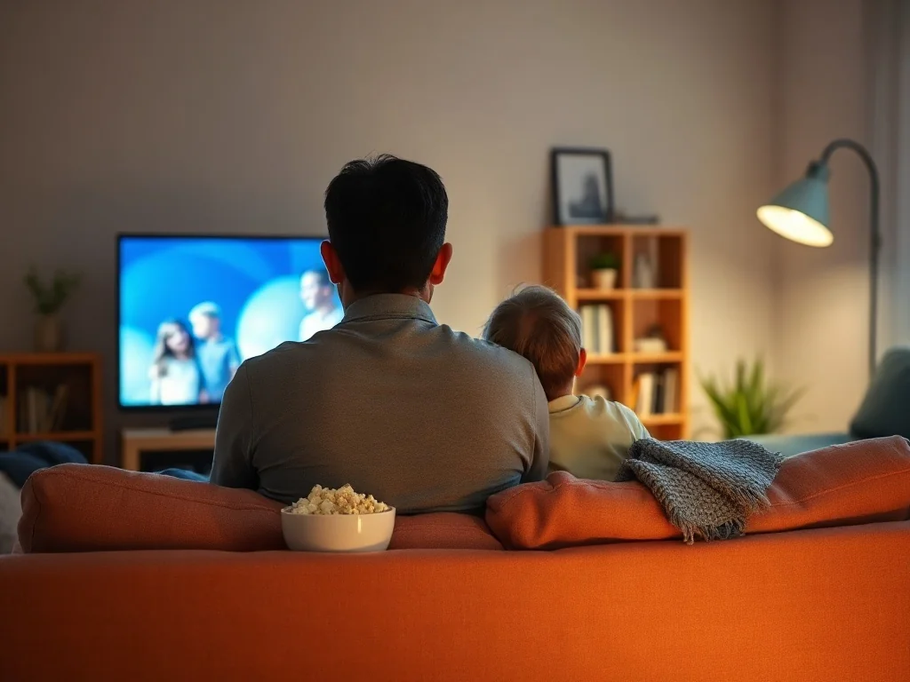 Rodzic i dwoje dzieci wtuleni na kanapie, wspólnie oglądają film, z popcornem i kocem w przytulnym, ciepłym salonie.