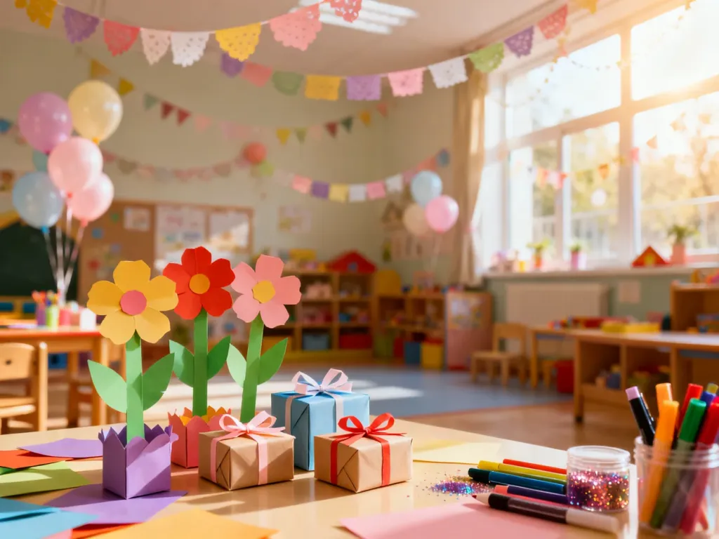 Kolorowe kwiaty z papieru i drobne upominki przygotowane na Dzień Kobiet w udekorowanej sali przedszkolnej.