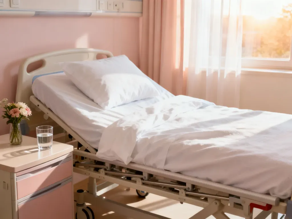 Przytulna i uporządkowana sypialnia z łóżkiem medycznym, przygotowana na powrót pacjenta do domu w spokojnej atmosferze.