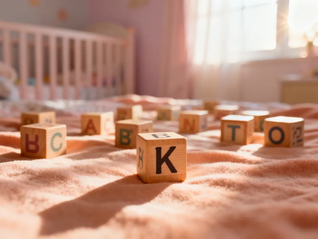 Drewniane klocki z literami na miękkim tle, tworzące przytulną atmosferę w pokoju dziecięcym.