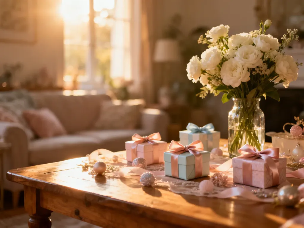 Elegancko udekorowany stół na baby shower z pastelowymi upominkami i kwiatami w słonecznym salonie.